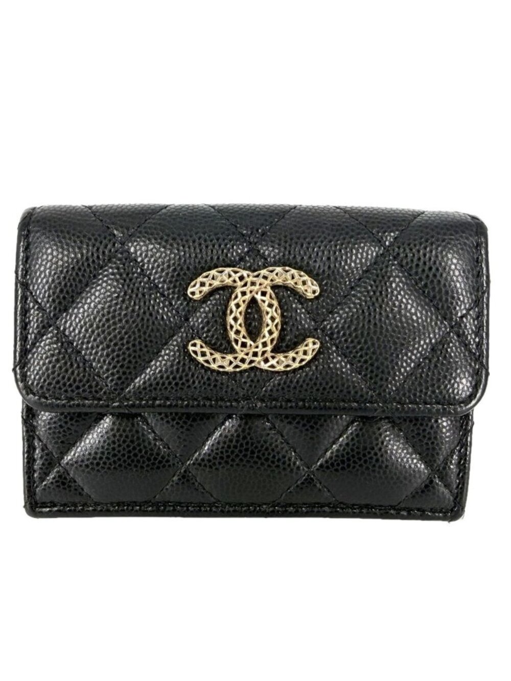 Chanel Trifold Wallet Quilted CC Logo Mini Compact Caviar Leather Black Pink